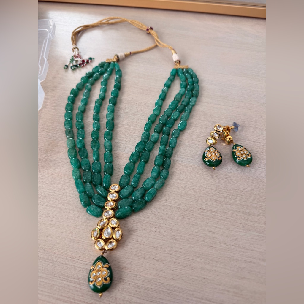 Elegant Indian Green Beaded - Gold Necklace Set